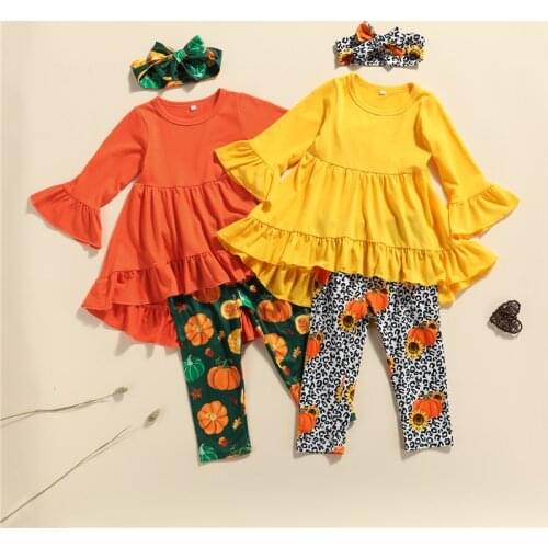 3Pcs Kids Autumn Tracksuit Flared Sleeve Tshirt Tops Pumpkin Print Pants Hairband for Girls Hallween Outfits 2-7 Years