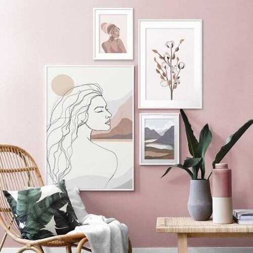 African Woman Abstract Female Line Art Print Mountain Lake Landscape Poster Canvas Painting Boho Wall Picture Living Room Decor