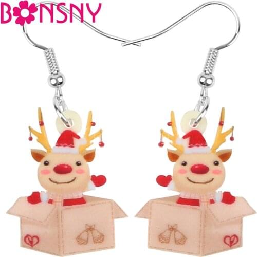 Bonsny Acrylic Christmas Hat Elk Deer Antlers Gift Box Earrings Drop Dangle Animal Jewelry For Women Girls Teens Kids Accessory