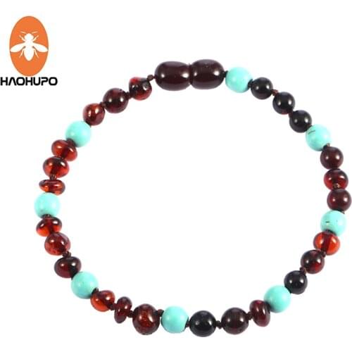 HAOHUPO Amber Teething Bracelet/ Necklace for Baby with Turquoise Natural Amber Beads 100% Real Baltic Sea Cherry Custom Jewelry