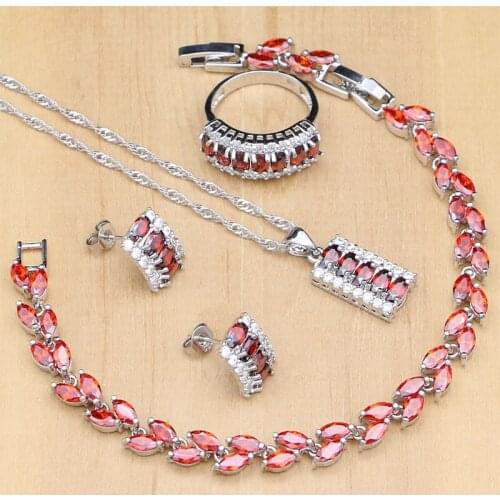 Luxury Silver 925 Jewelry Sets Red Cubic Zirconia White Crystal Bijoux Kits For Women Earrings/Pendant/Necklace/Rings/Bracelet