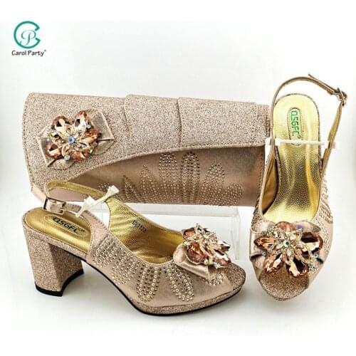 Italian Design Champange Gold Color Party Ladies Shoes and Bag Set Decorated With Flower Colorful Crystal and Metal Decoration