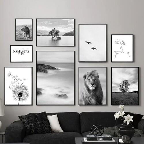 Canvas Painting Nordic Black and White Scenery Picture Home Decor Wall Art Modern Lion Posters and Prints Living Room Decoration