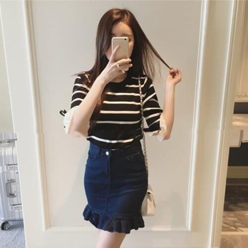 Summer Acrylic Womens T-Shirt Round Collar Middle Sleeve Pullover Striped Patchwork Slim Fashion Casual T-Shirt