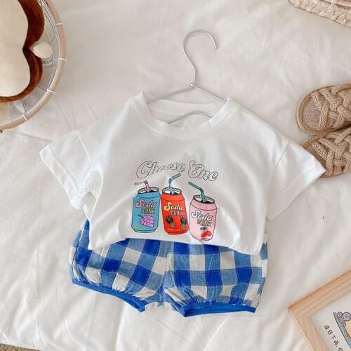 MILANCEL 2021 Summer Girl Suit Short Sleeve Print Tees And Plaid Shorts Casual 2Pcs Set