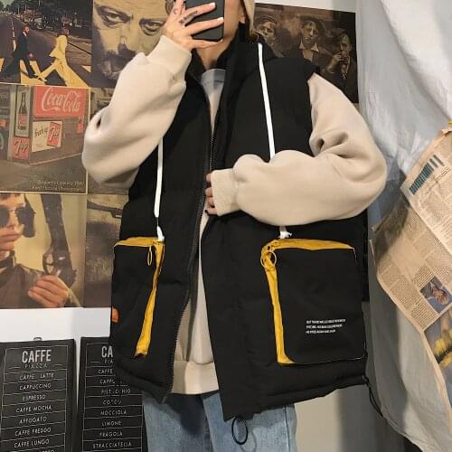 2021 mens autumn and winter wear Hong Kong style hooded down cotton vest warm vest loose overalls