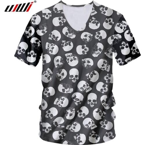 UJWI Man Loose Sports V Neck Tshirt 3D Mini Skulls Punk Rock Mens T-shirt Printed Oversized Funny Casual Tee Shirt 5XL