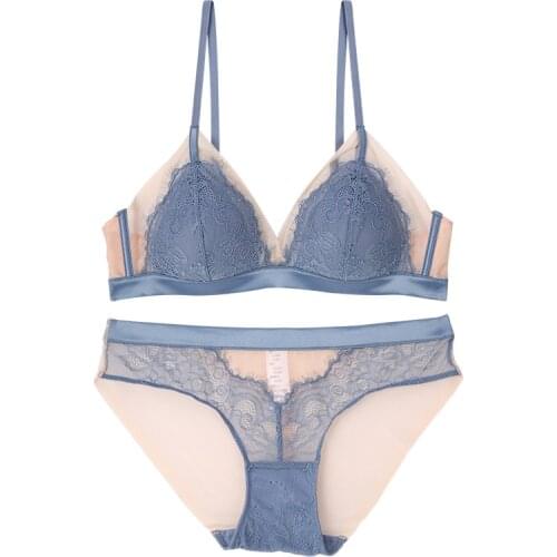 2020 New Sexy French Bra Eyelash Lace Mesh Patchwork Triangle Thin Cup Wireless Bra and Brief Set Underwear Women Lingerie