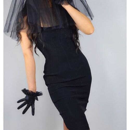 Touch Screen Real Leather Gloves 13cm Short Pure Sheepskin Black Female Ballet Net Yarn Lace Wave Laceness Women Gloves WZP58