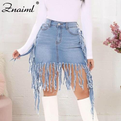 Znaiml Casual High Waist Straight Denim Skirts Women 2021 Summer Blue Solid Pockets Ripped Tassels All-matched Knee-Length Skirt