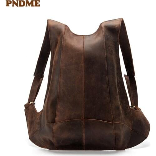Retro designer genuine leather mens womens backpack simple casual personality crazy horse cowhide travel anti-theft bagpack