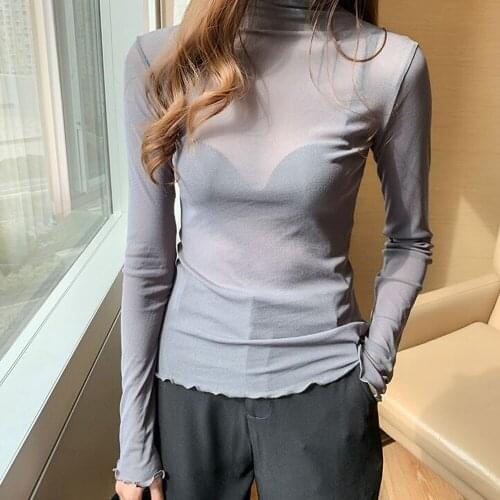 Sexy Mesh See Through T-shirts Female Autumn Transparent Long Sleeve Turtleneck Slim Thin Tops New Ruffle Lace Bottoming TShirts