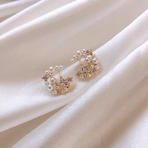 Star Moon Delicate Rhinestone Stud Earrings Simple Simulated Pearl Earrings INS Hot Trendy Female Elegant Earrings Gift Brincos