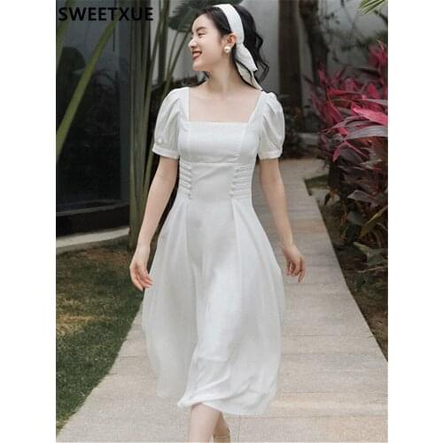 SWEETXUE White Dress Female Summer 2021 New French Temperament Fairy High Waist Cross Straps Chic Robe Mujer
