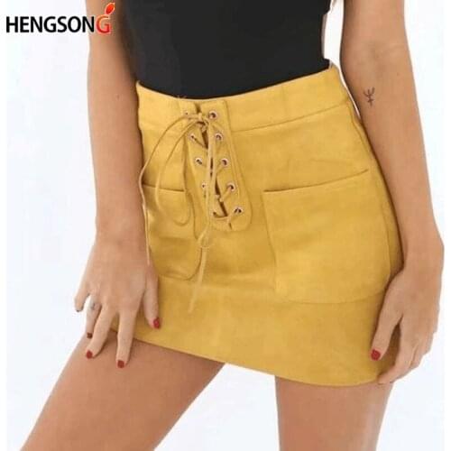 2020 Fashion Women Leather Suede Lace Up Bandage Skirt High Waist Skirt Slim Pencil Short Mini Skirt For Women