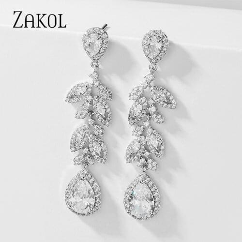 ZAKOL Brand Poland Fashion Marquise AAA Cubic Zirconia Dangle Bridal Earrings for Elegant Women CZ Leaf Wedding Jewelry FSEP5094