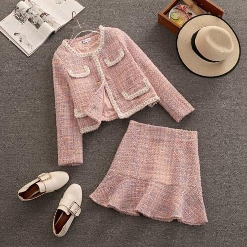 High Quality Fall Winter Plaid Tweed Skirt Two Piece Set Women Woolen Short Jacket Coat + Mermaid Skirt Suits Sweet 2 Piece Set