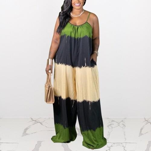 Women Loose Spaghetti Strap Jumpsuits Large 4XL Patchwork Loose Sleeveless Floor Length Fashion High Street Wear Rompers Clothes