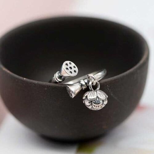 FNJ Vintage Lotus Ring 925 Silver Original Pure S925 Sterling Silver Rings for Women Jewelry Open Adjustable Size