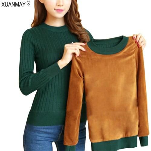 2020 Winter Plus Thick Velvet knit Sweater Bottoming shirt Velvet lining Warm Pullover Sweater female Fashion Thick Sweater