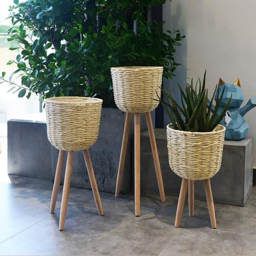 Wooden flower stand high and low flowerpot plant pot straw basket floor decoration simple living room balcony farmhouse decor