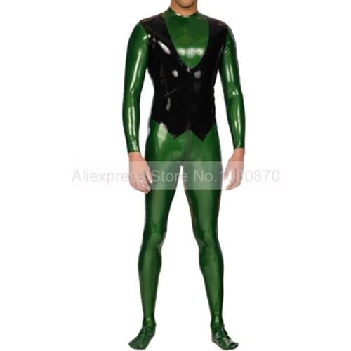 Two Colors Green and Black False Vest Trims Male Rubber Bodysuit Men Tight Suit with Socks S-LCM162