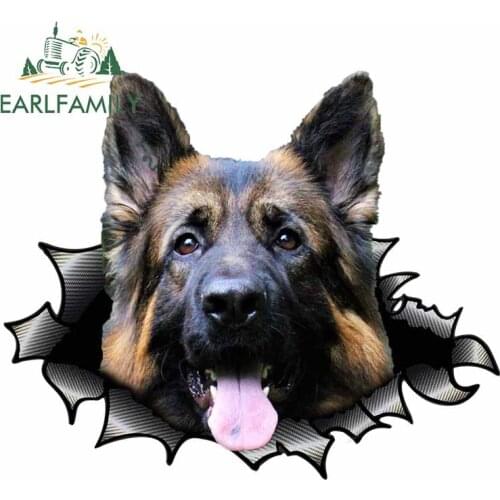 EARLFAMILY 3D Car Sticker German Shepherd Torn Metal Decal JDM Window Car Bumper Decoration Pet Dog Vinyl Decal