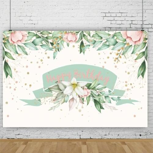 Green Leaves Pink Flowers Little Lily Happy Birthday Backdrop Holiday Party Room Decor Photo Booth Studio Prop