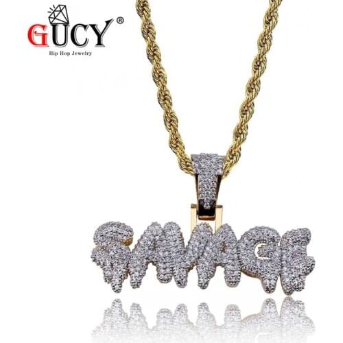 GUCY Hip Hop Necklaces Brass Gold Color All Iced Out Micro Pave Cubic Zircon SAVAGE Pendant Necklace Charm For Mens Gift Party