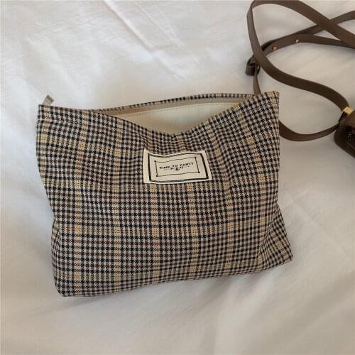 Retro Coffee Plaid Canvas Bag Women Girls Zipper Shoulder Bags Card Holder Mini Beauty Wash Make Up Bag Case Organizer Storage