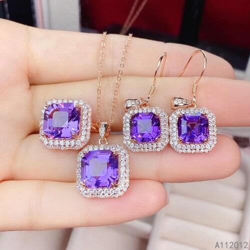 KJJEAXCMY fine jewelry natural Amethyst 925 sterling silver luxury girl new pendant necklace chain earrings ring set hot selling