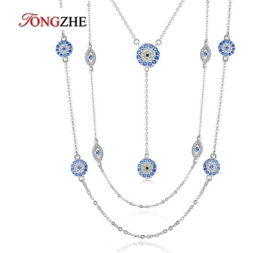 TONGHZE Luck Evil Eye 925 Sterling Silver Necklace Earrings Women Round Ring Necklaces Blue Zircon Long Link Turkey Jewelry Set