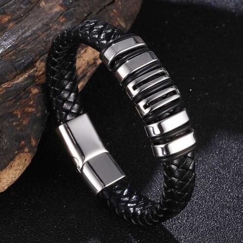 Fashion Black Leather Braided Bracelet Men Multiple Accessories Rock Bangles Jewelry Friend Gifts