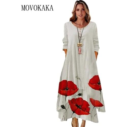MOVOKAKA Long Dress Women Beach Spring Summer Vintage Long Sleeve Elegant Dress Button Casual Plus Size Vestido Designer Dresses