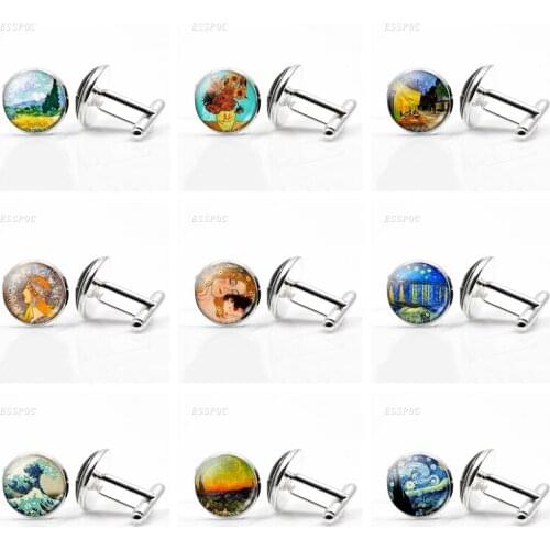 Personality Van Gogh Oil Painting Glass Alloy Cufflinks Starry Night Sunflower Suit Cufflinks Men Shirt Christmas Gifts