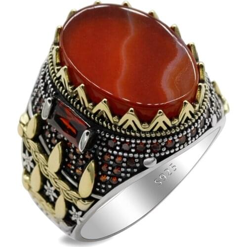 Oval New Natural Agate Stone 925 Sterling Silver Mens Ring Claw Setting Design Fashion Popular Mens Gemstone Jewelry Ring Gift