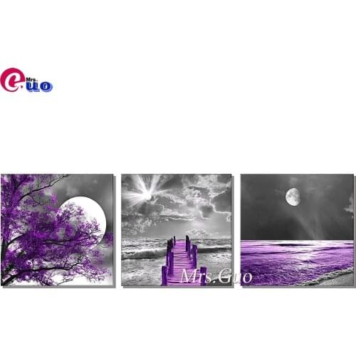DIY Full Diamond Embroidery Triptych Landscape Wall Art Moon Purple Tree Painting Office Home Decoration Diamond Painting Kits