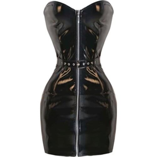 2016 shiny black PVC wetlook off shoulder new bodycon dress plus size Sexy latex dress PVC latex teddy catsuit with front zipper