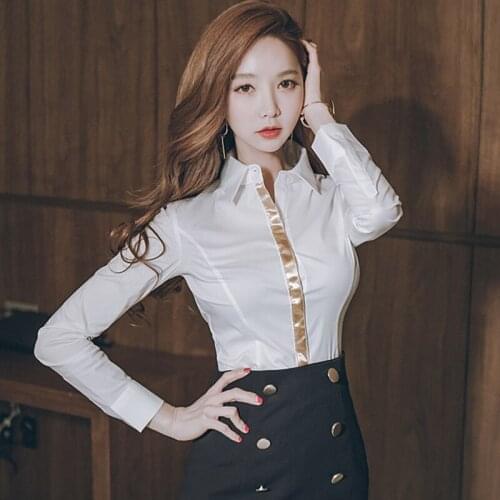 2020 New Fashion Women Shirts Turndown Collar Long Sleeve Slim Office Lady White Shirt Golden Hem Sexy Blouse Mujer Blusas