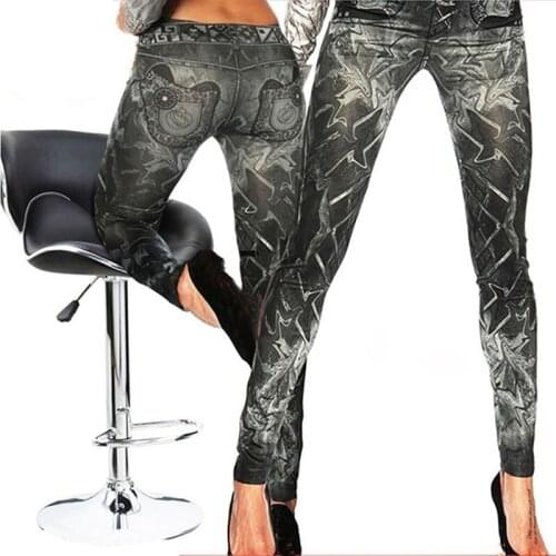New Slim False Imitation Jeans Fitness Leggins Women Denim Leggings Nine Pants Tattoo Painted Leggings Black One Size