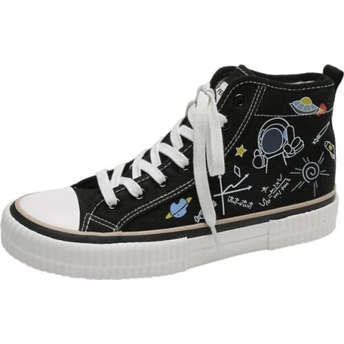 Canvas Shoes Female Student Casual Shoes 2021 Spring New High-top Star Cartoon Elements Breathable Non-slip Wear-resistant