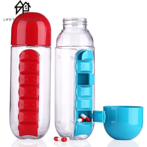 600Ml Portable Water Bottle with Pillbox Plastic Drink Bottle with Medicine Pills Box Travel 7 Days Drug Organizer Drinking