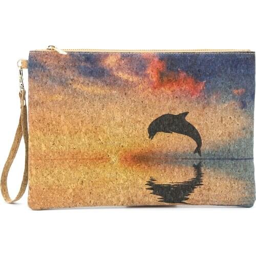 Portugal Natural Cork Travel Bags Cork Clutch Purse with Dolphin Print For Women