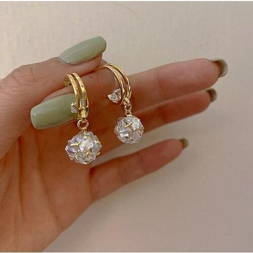 U-Magical Textured Double-Layer C Shape Circle Cubic Zircon Ball Dangle Earring for Women Gold Metal Earring Jewelry Pendientes