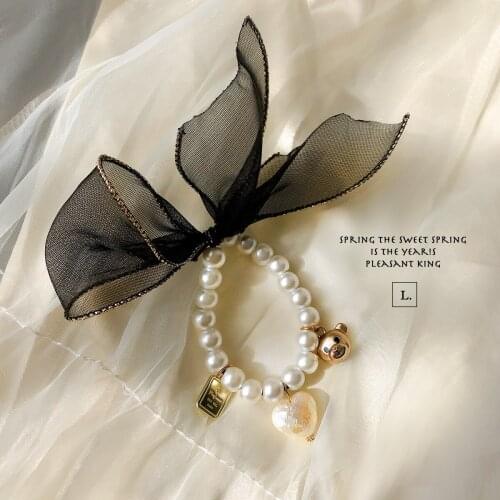 Pearl Bracelet Bear Hair Bands Rubber Bands Headdress New Elegant Silk Bow Bear-shaped Elastic Hair Bands Pearl Beaded Wholesale