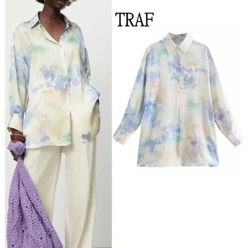 TRAF Za 2021 Women Shirt Fashion Tie Dye Button Up Shirt Woman Satin Long Sleeve Top Casual Oversize Clothing Woman Blouse