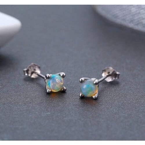 4mm Cute Mini Small 925 Sterling Silver Four Claw Round Natural Opal Stud Earrings For Women Girls Jewelry Orecchini Aros Aretes