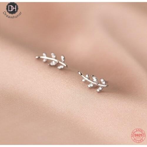 Dreamhonor 925 Sterling Silver Leaves Zircon Stud Earrings Women Wedding Jewelry Gifts