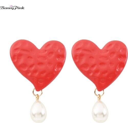 Banny Pink Sweet Hammer Heart Studs Earrings For Women Lovely Imitation Pearl Pendant Post Earrings Statement Earrings Brincos