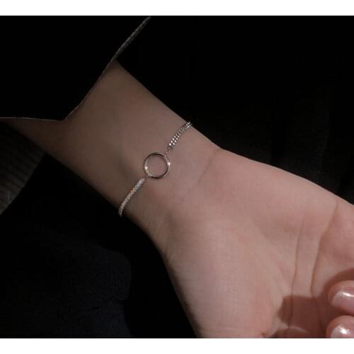 925 Sterling Silver Geometric Circle Bracelet for Women Asymmetric Chain Bracelet Minimalist Party Jewelry S-B448